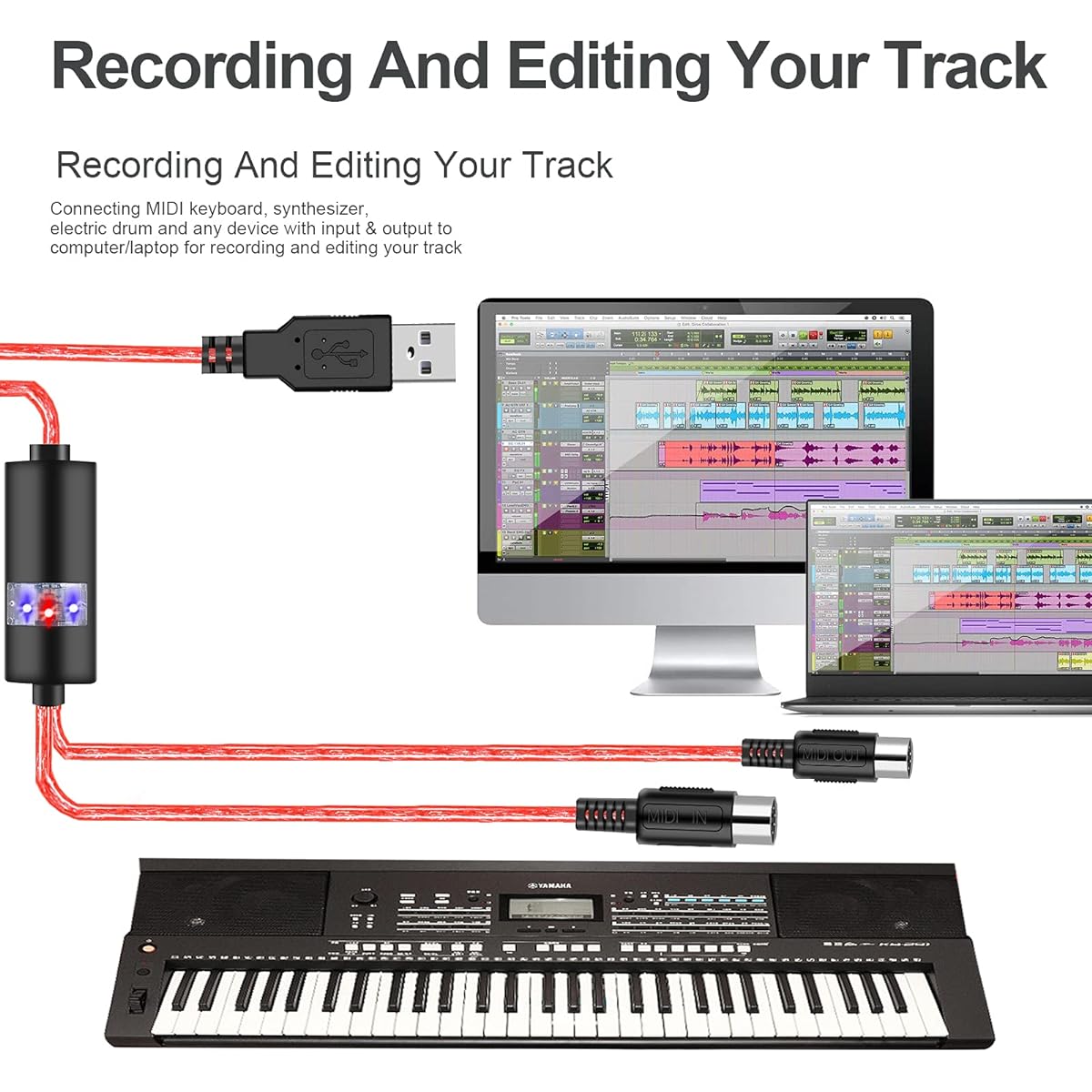 Oxsubor USB MIDI Cable - Upgraded Professional MIDI to USB In-Out Cable Adapter Converter Connect Piano Keyboard to PC/Laptop for Editing & Recording 2m (6.5ft) (Red)