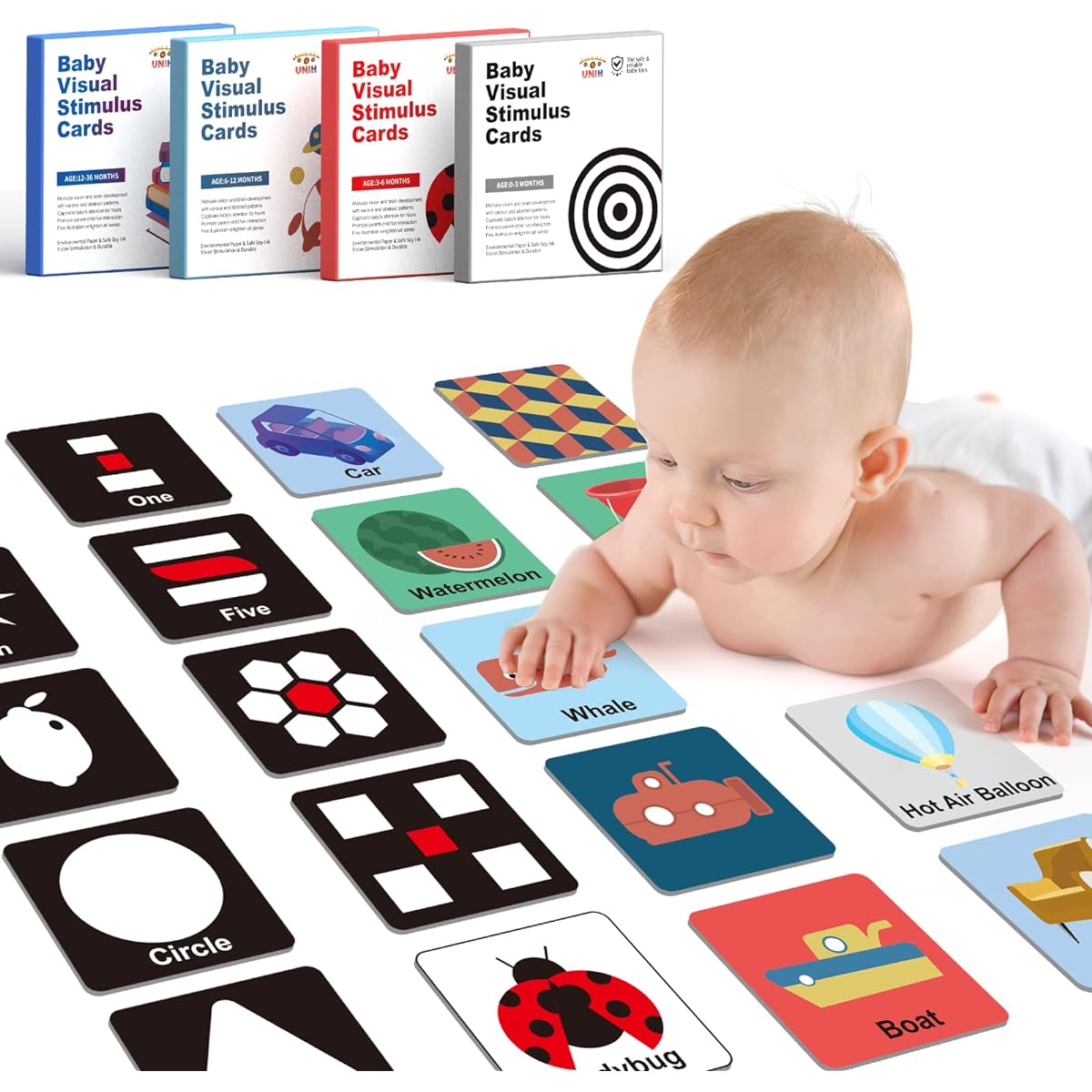 UNIH Curious Baby Activity Cards, Baby Flash Cards for 0-3-6-12-36 Months, High Contrast Baby Cards, Brain Development, Black and White, Newborn Toddler Toys, 64 Sheets, 128 Pages