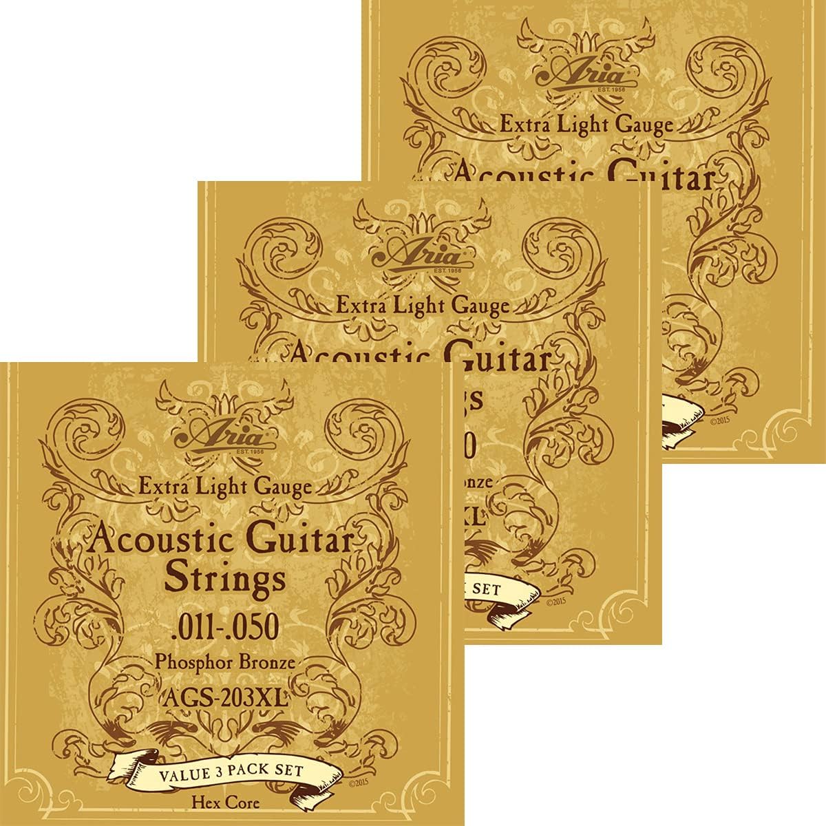 Aria Acoustic Guitar Phosphor Bronze Strings 3Set Pack (AGS-203XL Extra Light, 12 sets)