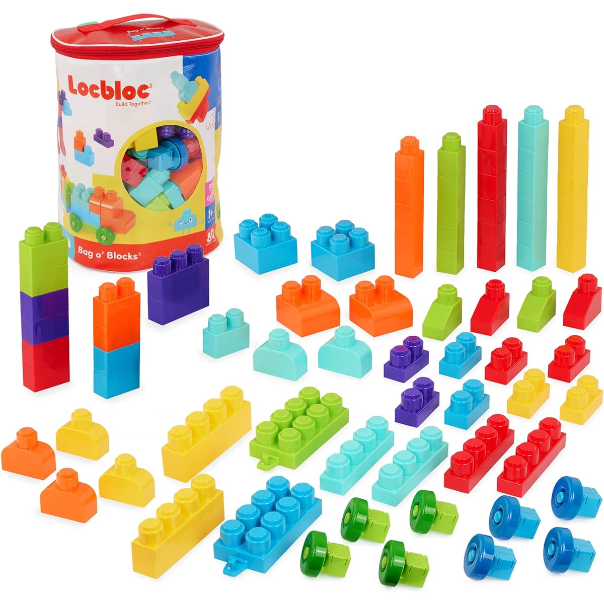 Battat Locbloc - Large Building Blocks - 80 Colorful Pieces - 8 Wheel Blocks - Zippered Storage - Bag of Blocks - 2+ Years