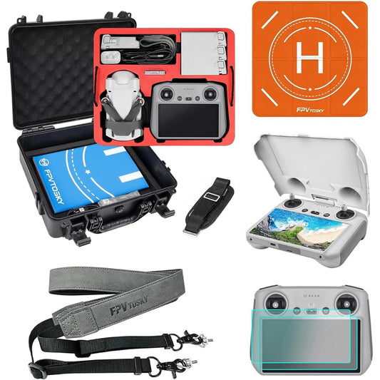 FPVtosky Double Layer Hard Case with RC Protector Cover for DJI Mini 3/ Mini 3 Pro Waterproof DJI Mini 3 / Mini 3 Pro Case 2 in 1 DJI RC Sunshade Protective Cover Large Capacity Full Protection