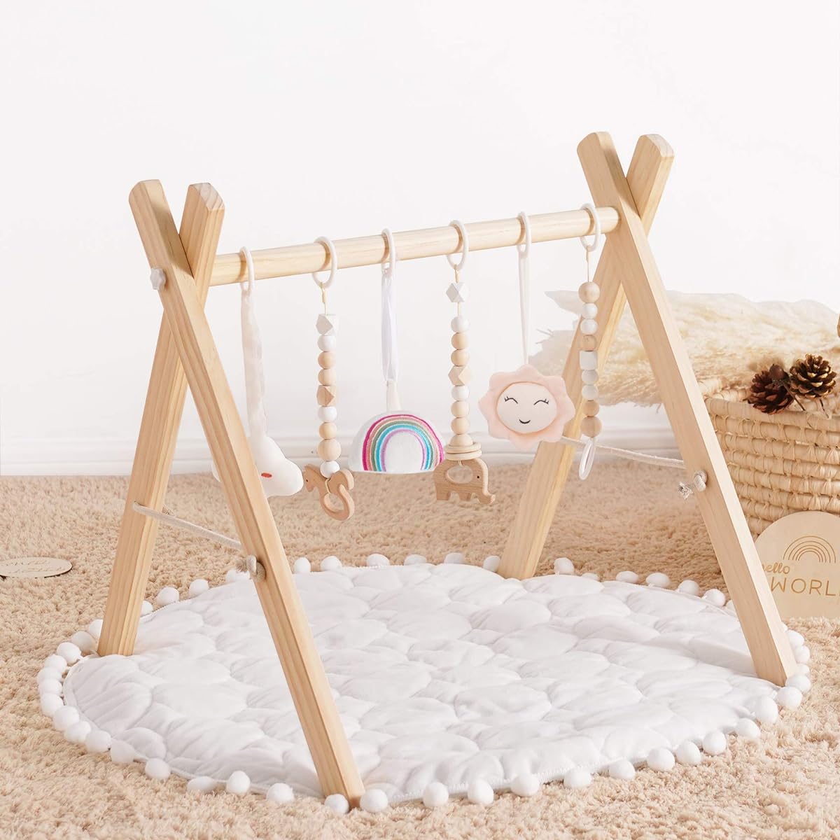 Wooden Baby Gym with 3 Wooden Baby Toys, Foldable Baby Play Gym Frame Activity Gym Hanging Bar Newborn Gift Baby Girl Boy Gym (Natural Color with Mat)