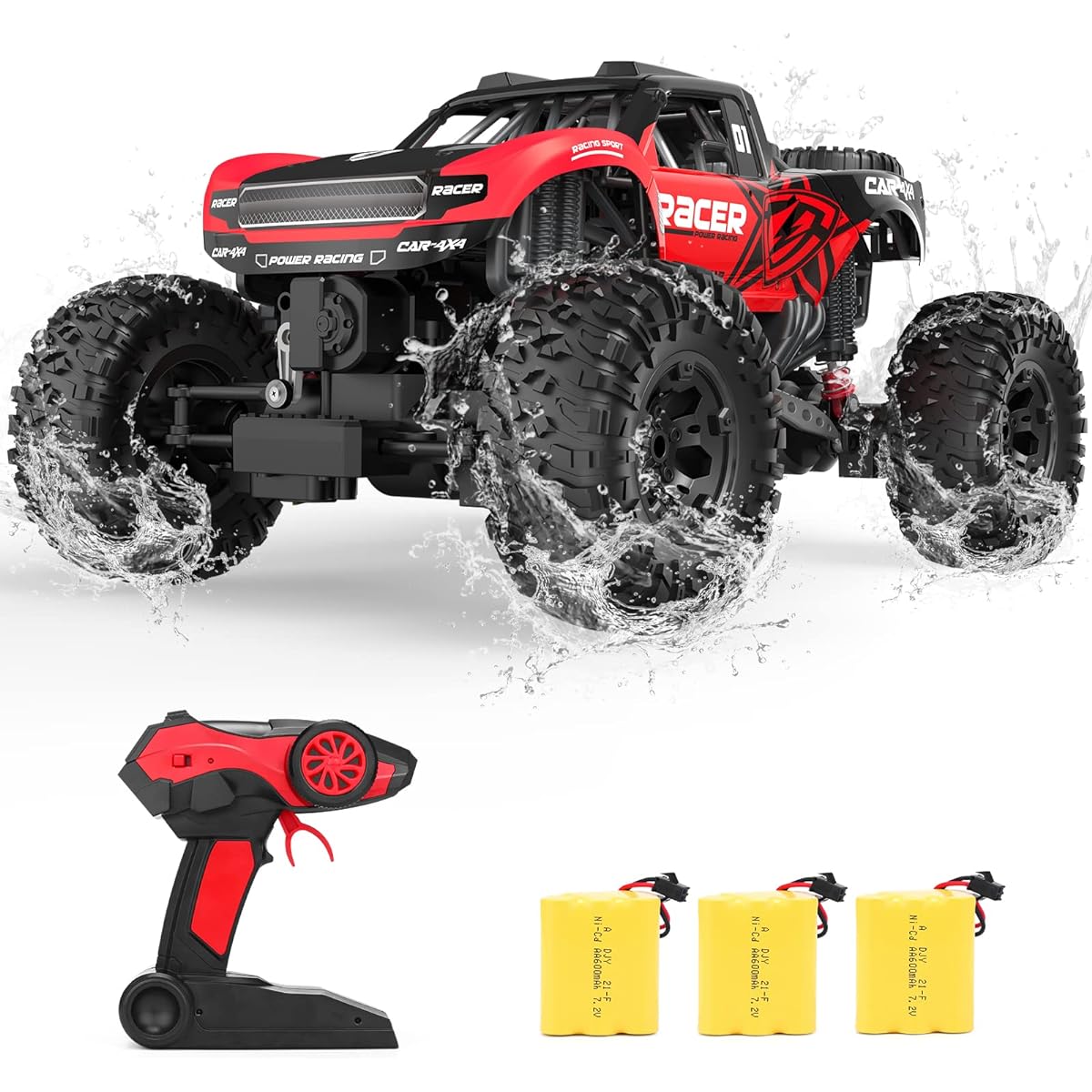 Large Remote Control Monster Truck 1:12 Scale 4WD Off-Road Waterproof Truck for Boys 8-12 Amphibious RC Car All Terrain Crawler with 3 Rechargeable Batteries for Kids Birthday