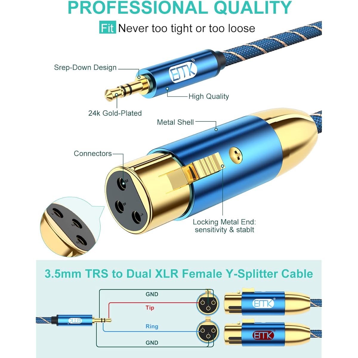 EMK XLR to 3.5mm Splitter Cable (3.5mm Male/2XLR Female, 10ft/3m)