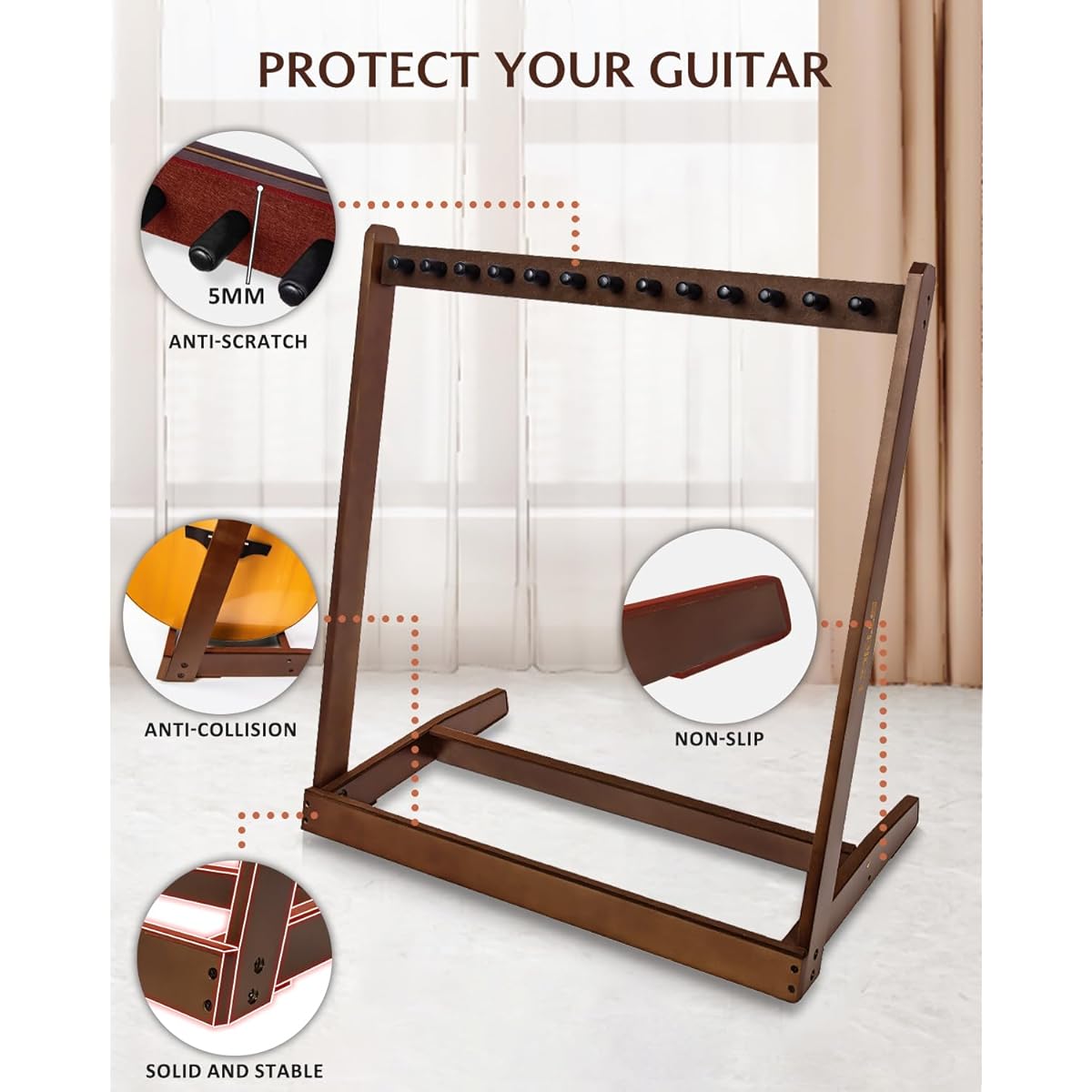 STRICH Guitar Stand for Multiple Guitars, Hardwood Guitar Rack for 6 Electric Guitar Bass or 4 Acoustic Guitars, Padded Multi-Guitar Display for Home/Studio/SMT-10 (6 Holders)