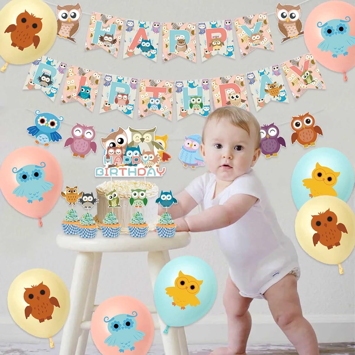 Owl Birthday Party Decorations Kit Owl Birthday Banner Garland Cake Cupcake Toppers Latex Balloons Owl Themed Kids Baby Shower Birthday Decorations