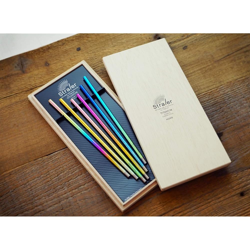 HORIE Made in Japan Pure Titanium Straw x Stirler Titanium Straler Set of 6 Titanium Straler Gift Box in Paulownia TSTGC6P