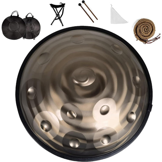 Handpan Drum Instrument D Minor 432Hz/440Hz 12 Notes 58cm Steel Drum with Soft Handpan Case Durable Stand Mallet and Dust-Free Cloth Golden Spiral (Size : 432Hz)