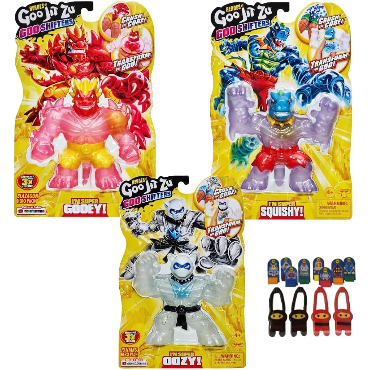INCREDITOYZ Heroes of Goo JIT Zu Goo Shifters, Transform into Goo! Super Stretch, Super Squeeze Action Figure 3 Pack (Pantalo, Blazagon, Tyro Hero Pack) Gift and Storage Bag