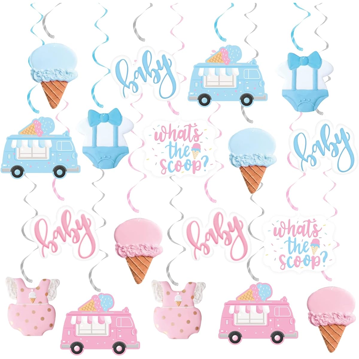 Ice Cream Gender Reveal Party Decorations, 20pcs Ice Cream What's the Scoop Hanging Swirls Pink Blue Ceiling Streamers Summer Ice Cream Theme for Boy or Girl Baby Shower Mommy Party Supplies