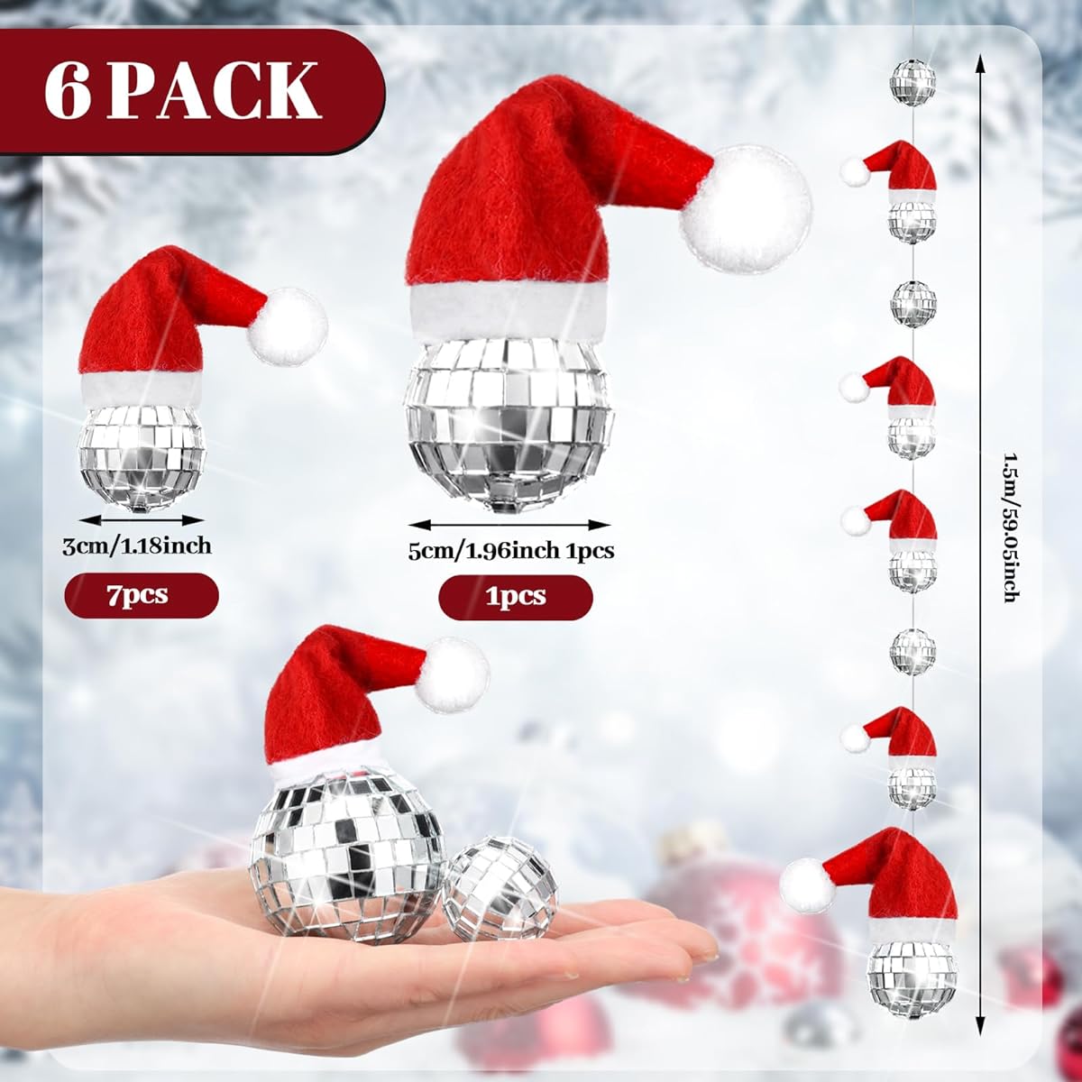 Wenqik 6pcs Christmas Hanging Disco Ball Decorations Reflective Mirror Disco Ball Ornaments String Mini Santa Hat Disco Ball Decorations Christmas Tree Wedding Party Supplies (1.2" 2")