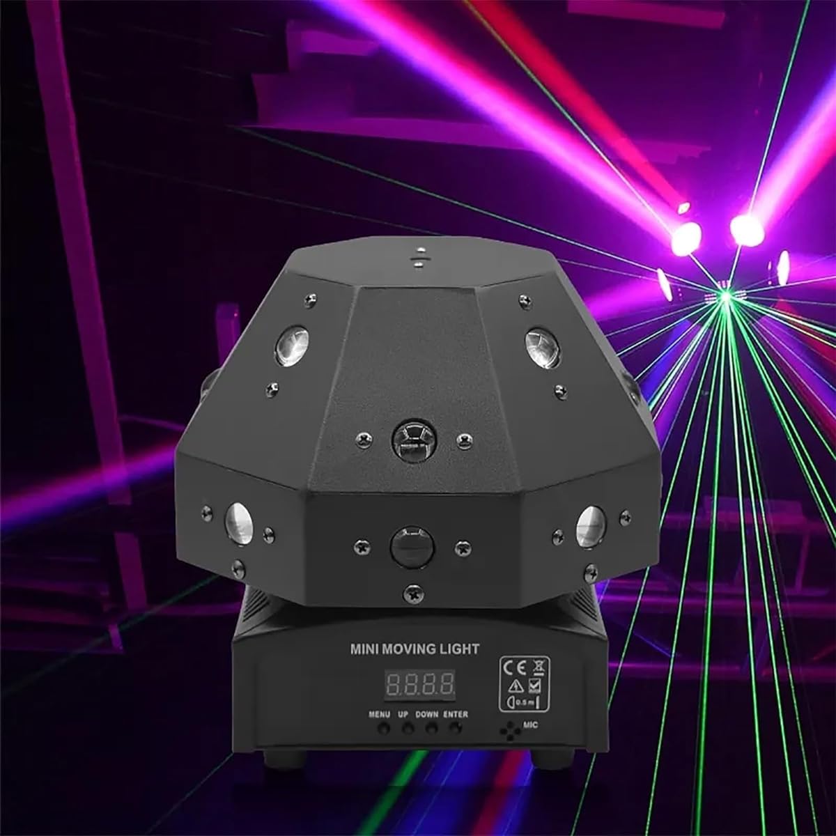 Moving Head Light, DJ Lamp with 16 LED Beads and Green Beam, Voice Control and DMX512 Control, 360° Rotation, 8 Petals, Vivid Lighting Effects, for Party, Bar, Banquet