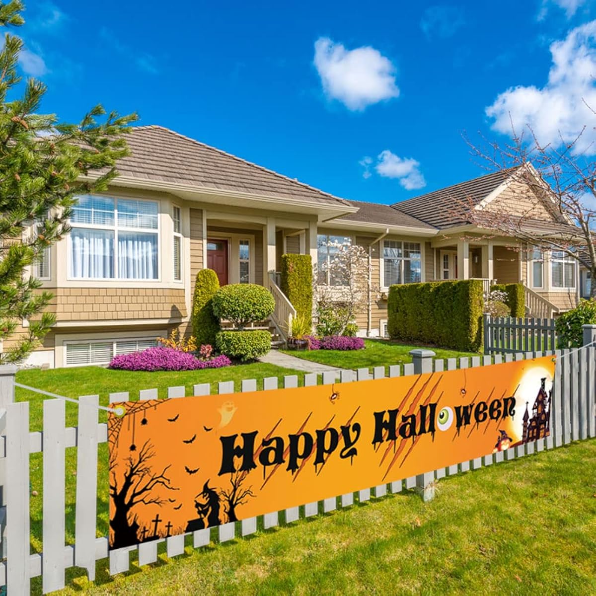 AIBIIN Halloween Banner 98.4"W x 19.7"H Orange Halloween Fence Banner with Pumpkin Witch Castle Outdoor Decorations for Halloween Party Hanging Outdoor Yard Sign Banner