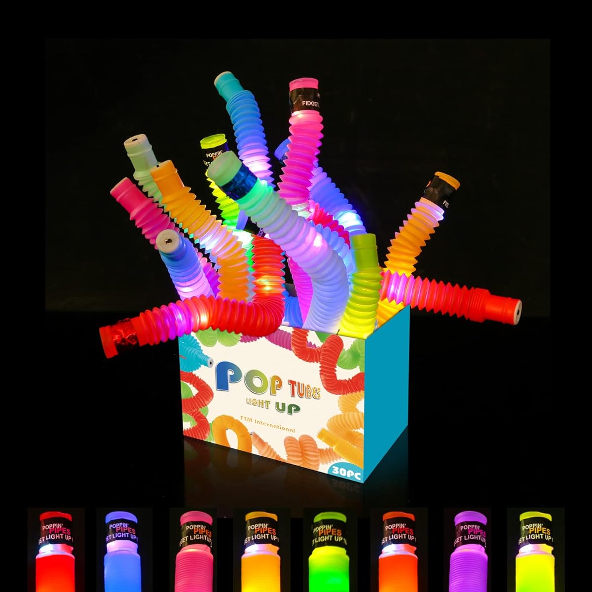 TTM International Toys Mini Pop Tubes Sensory Toys 30 Pack Plastic Stretch LED Light Up Fidget Toys Party Favors Glow