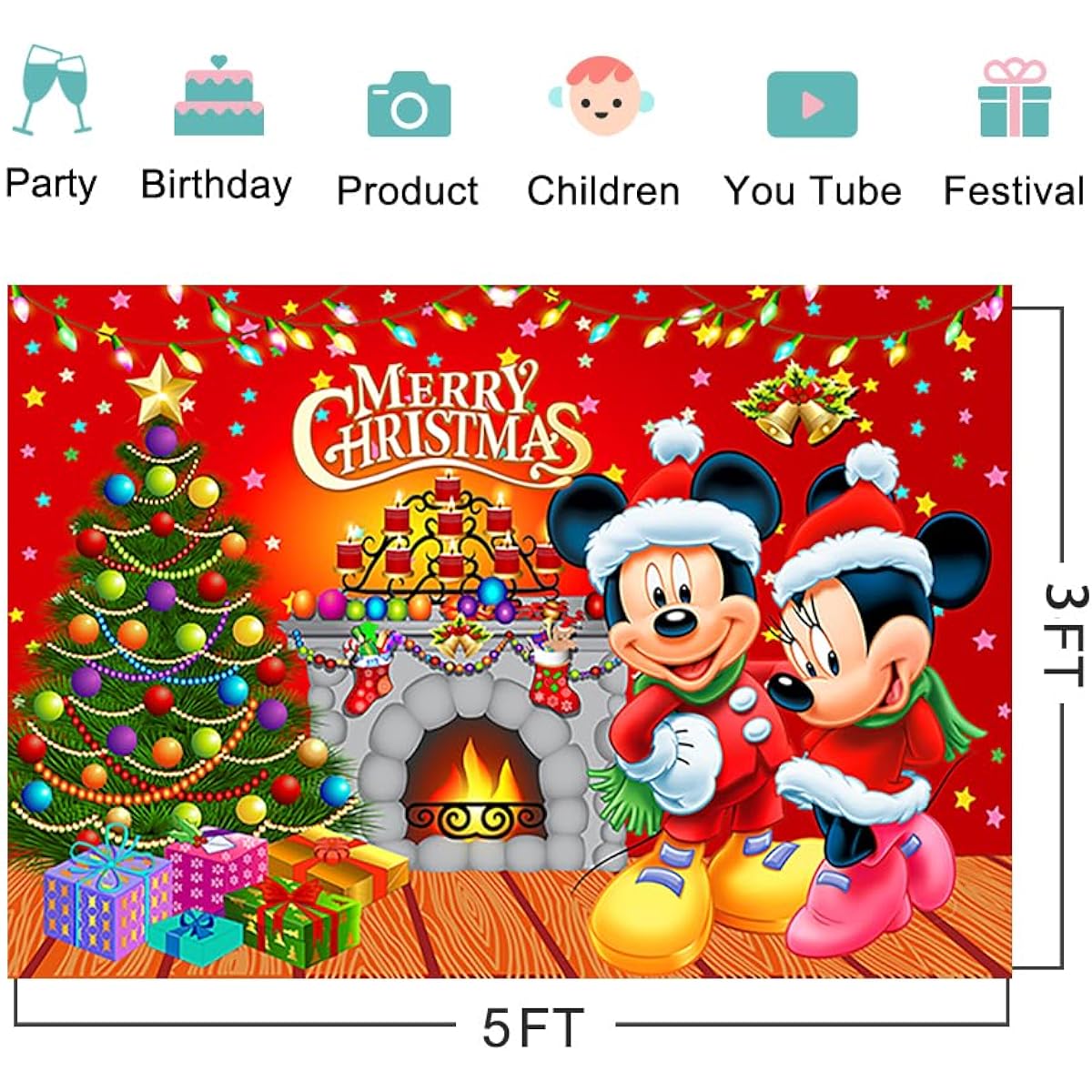 Red Christmas Background for Mickey Mouse Christmas Theme Party Supplies 5x3ft Christmas Photo Background Christmas Fireplace Banner