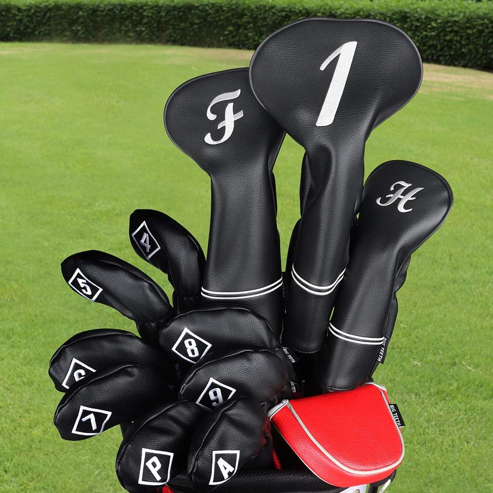 Big Teeth Golf Iron Cover Wedge Cover Head Cover Set of 10 Pieces (4-9, Pw, Aw, Sw, X) Number Embroidery Long Neck Elastic Closure Synthetic Leather Black