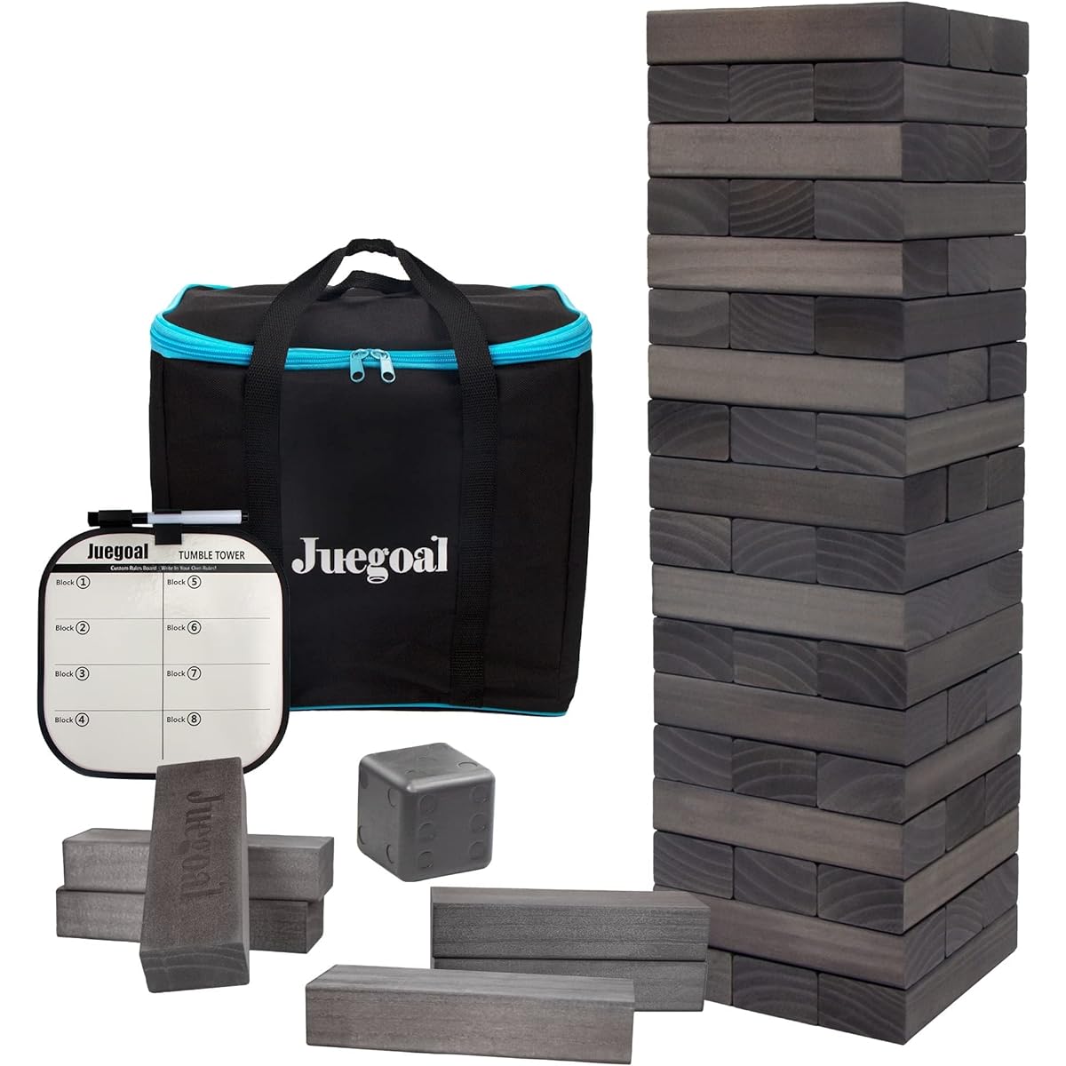 Juegoal 54 Pieces Giant Tumble Tower Blocks Game Giant Wood Stacking Game with 1 Dice Set, Gameboard, Canvas Bag for Adult, Kids, Family, Grey