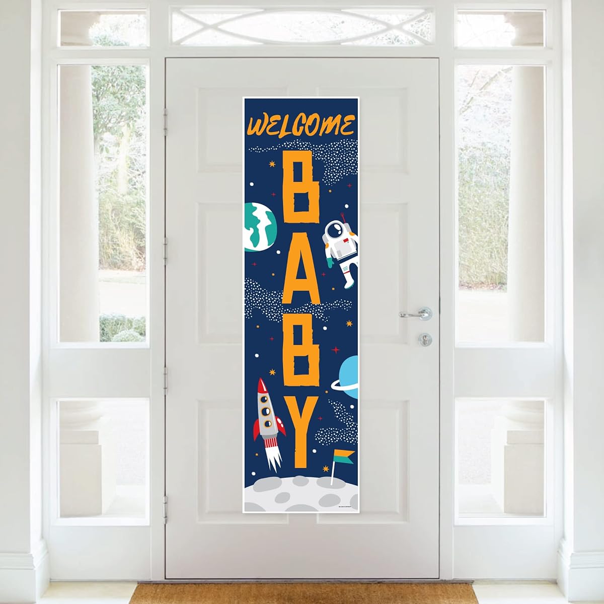 Big Dot of Happiness Blast Off to Outer Space - Rocket Ship Baby Shower Front Door Decor - Vertical Banner