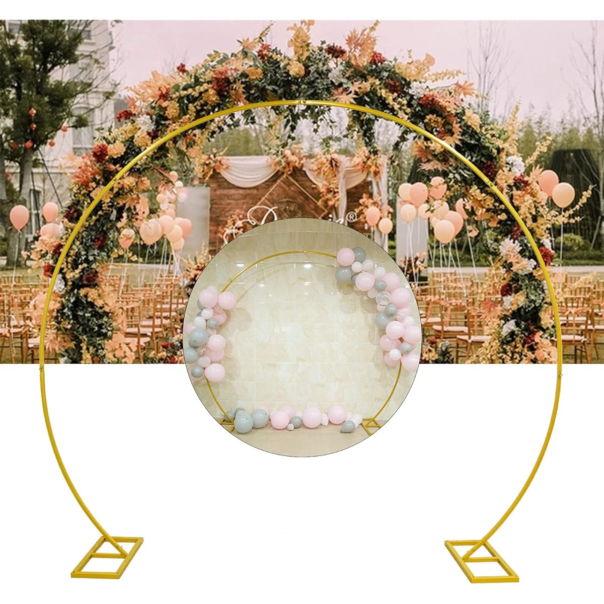 Round Wedding Arch Archway Backdrop Display Stand Metal Wedding Archway Ring Frame Iron Circle Background Flower Balloon Decoration Road Lead for DIY Event Party Photo Booth (Gold Balloon Included)