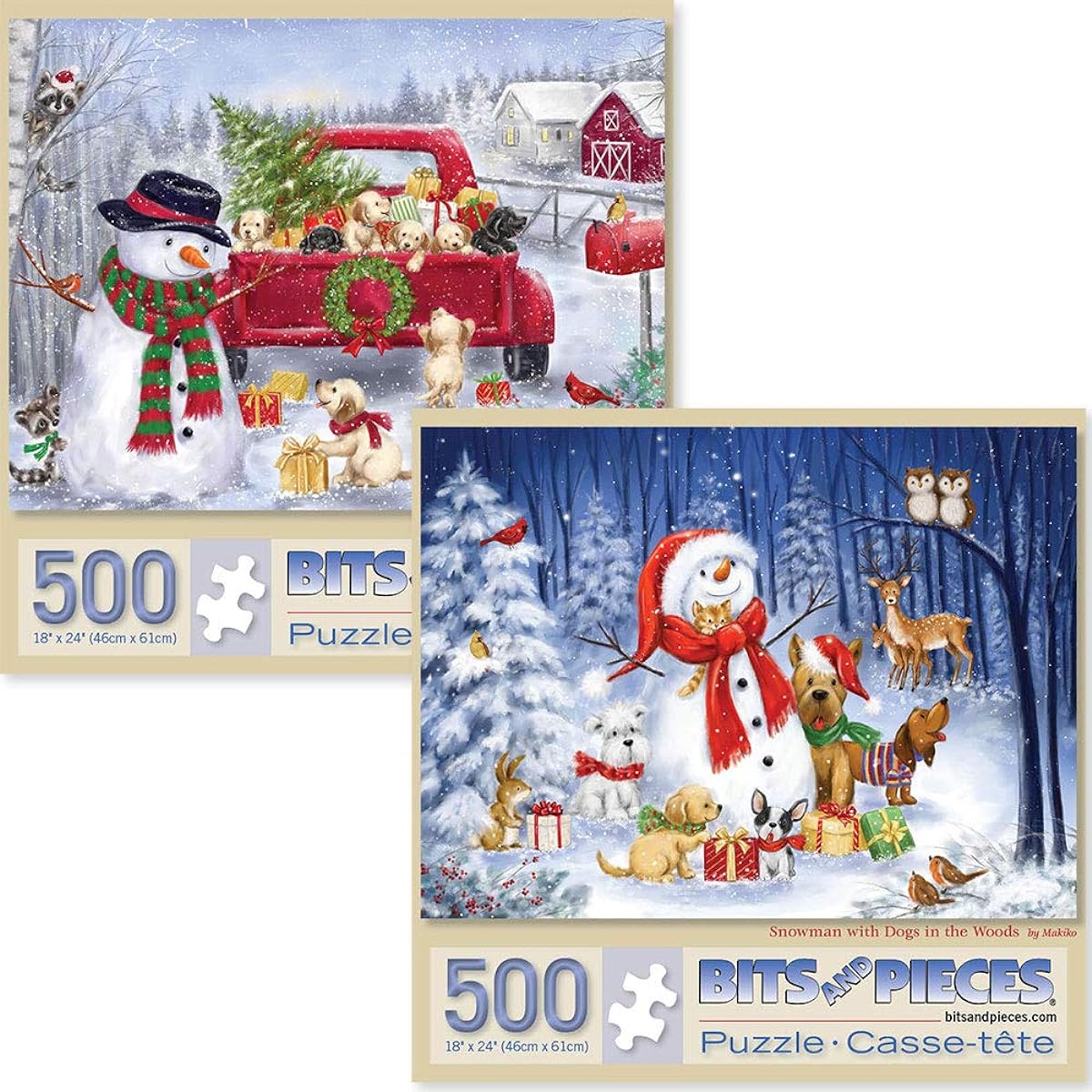 Bits and Pieces - Set of 2 500 Piece Jigsaw Puzzles for Adults - Each puzzle measures 16" x 20" - Winter Holiday Snowman Jigsaw by Artist Makiko