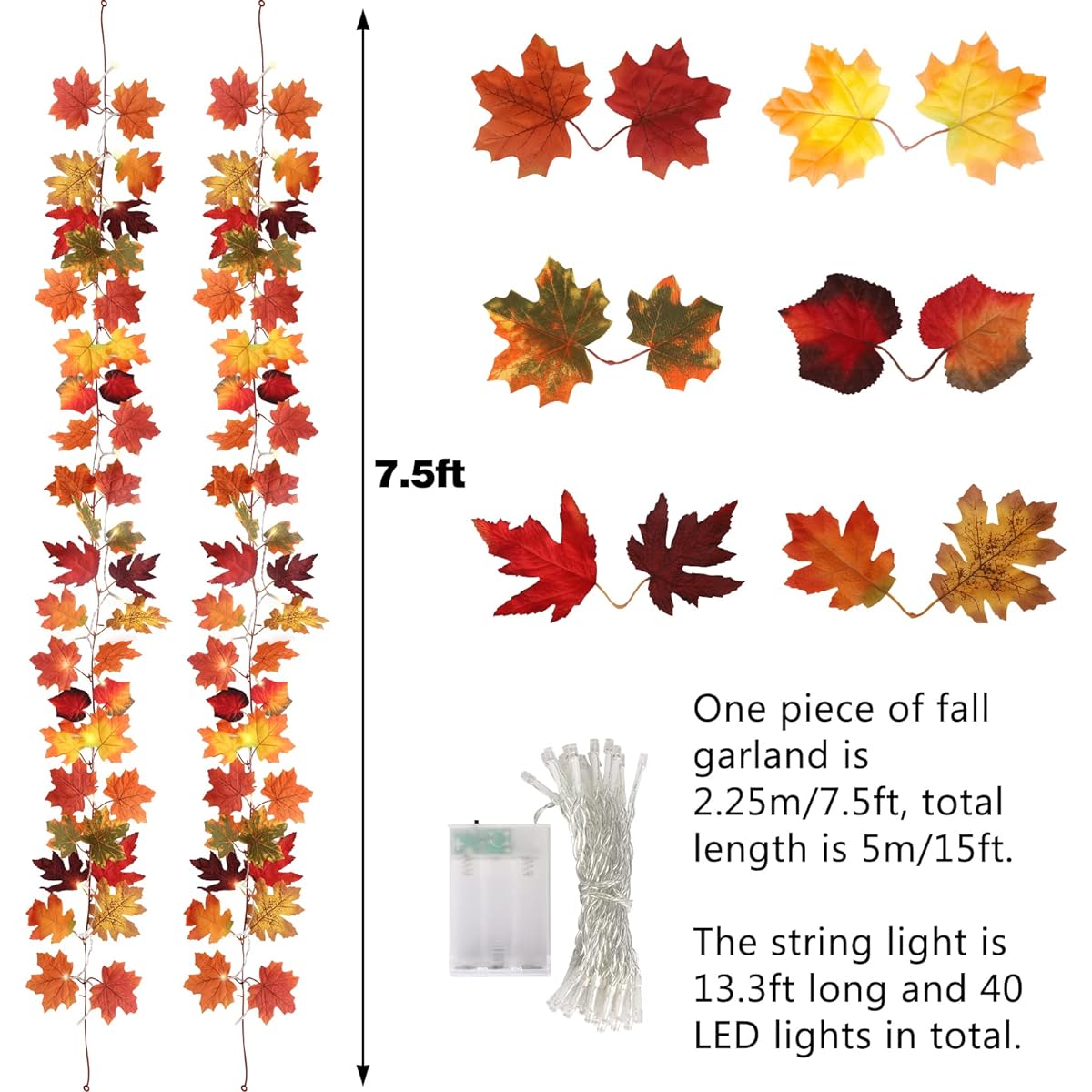 JPSOR 2 Pack 7.5ft Fall Garland with 10ft 40 LED String Lights, Autumn Leaves Garland, Artificial Fall Leaves Vines for Indoor/Outdoor/Home/Halloween/Harvest/Fall Decorations