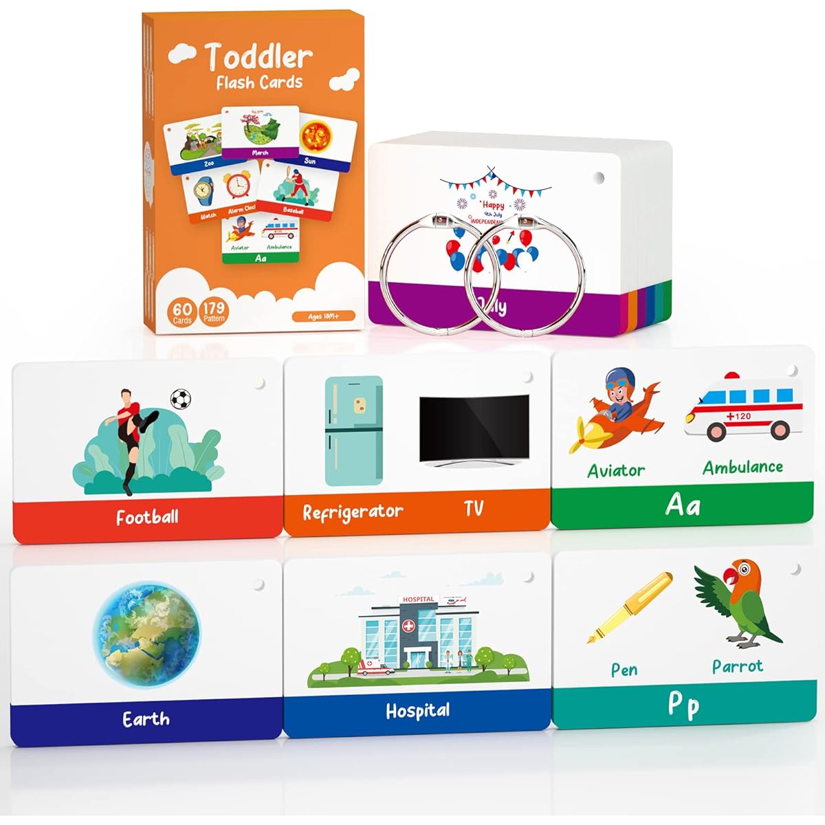 Flash Cards Set for Toddlers 18M+ Festivals, Public Places, Celestial Bodies, Letters & Everyday Essentials, Toddler Kindergarten Educational Flash Cards with Rings (60 Pieces)