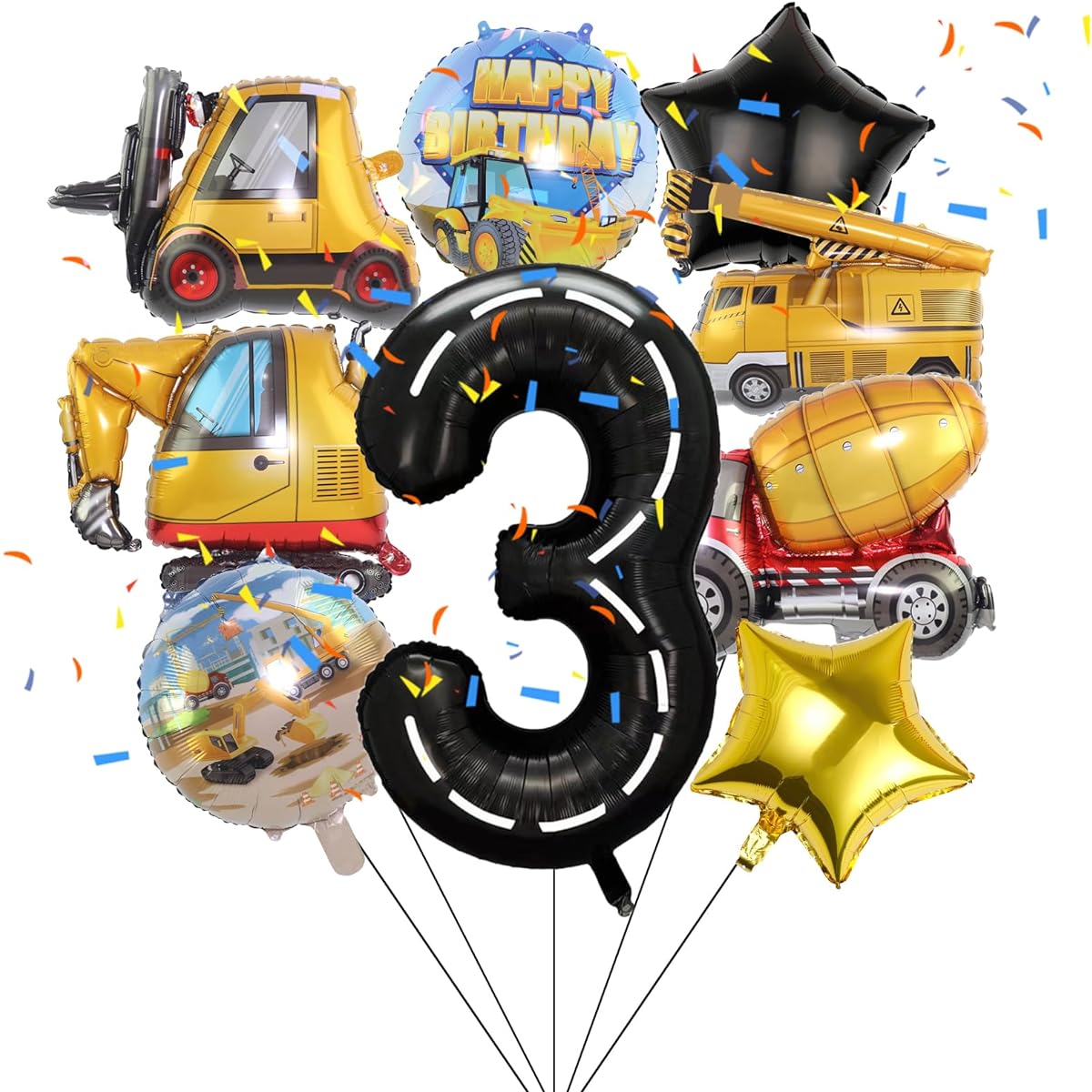 Construction 3rd Birthday Party Decorations 9 Pieces Construction Birthday Number Foil Balloons Construction Truck 3rd Birthday Construction Theme Party Supplies (3rd)