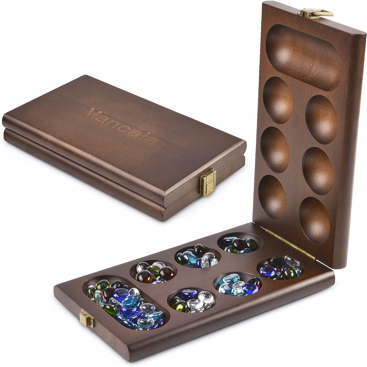 AMEROUS Wooden Mancala Board Game Set with 72+8 Bonus Multi-Colored Glass Stones - Folding Board - Mancala Instructions - Classic Family Board Game for Kids and Adults Tabletop Version