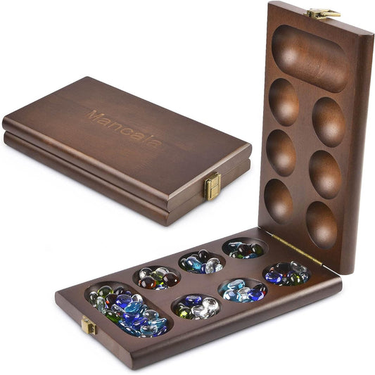 AMEROUS Wooden Mancala Board Game Set with 72+8 Bonus Multi-Colored Glass Stones - Folding Board - Mancala Instructions - Classic Family Board Game for Kids and Adults Tabletop Version