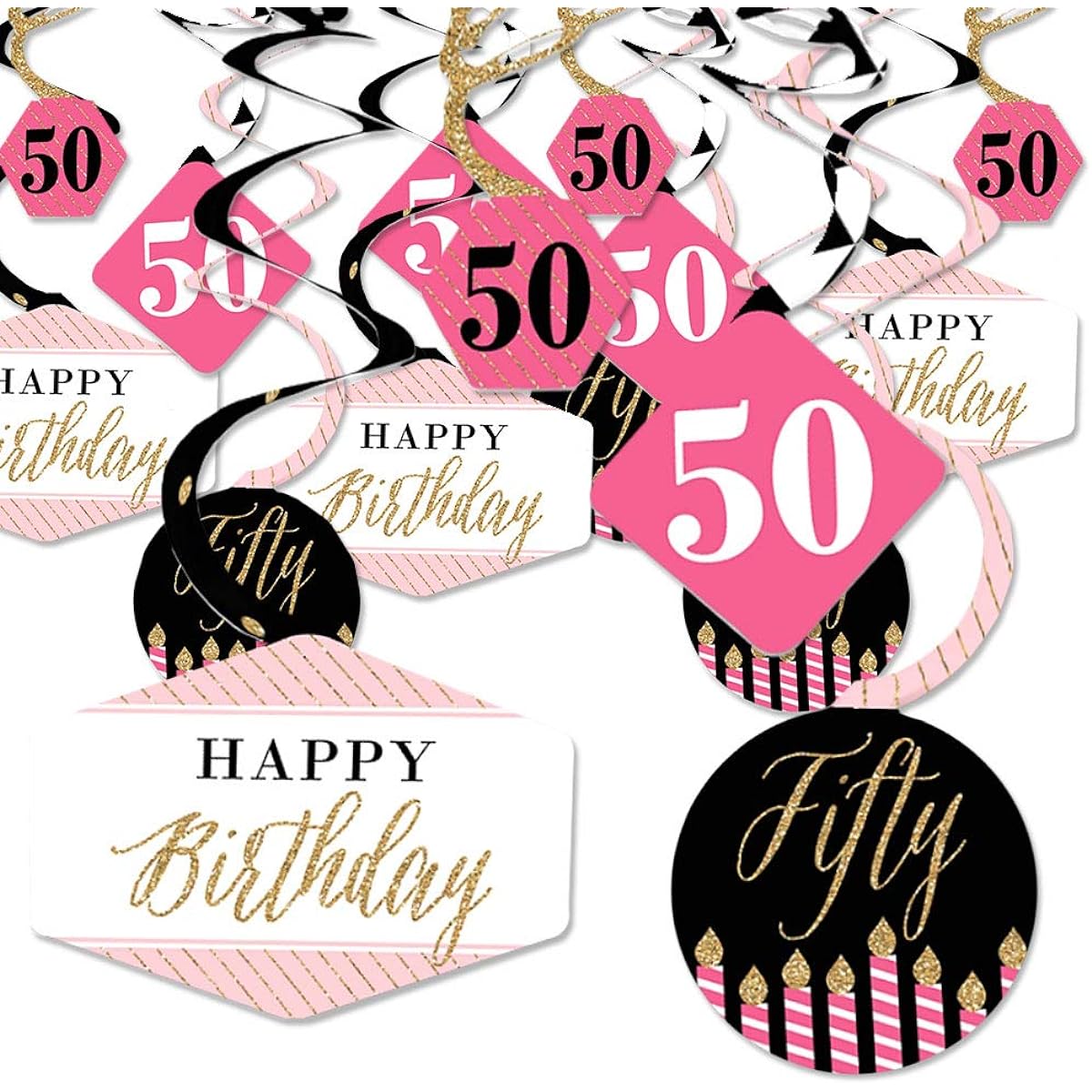 Chic 50th Birthday Pink Black Gold Birthday Party Hanging Ornaments Party Decorations Swirls Set of 40