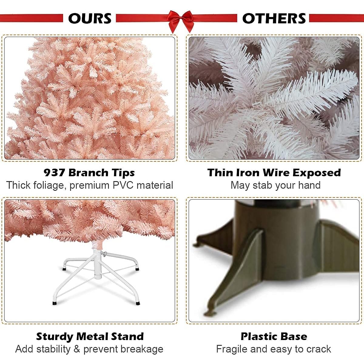 MAT EXPERT 7ft Pink Artificial Spruce Christmas Tree Premium Non-Lit Hinged Full Tree 937 Chips with Stable Metal Stand Easy Assembly 3 Section Fake Holiday Tree for Indoor/Outdoor Use
