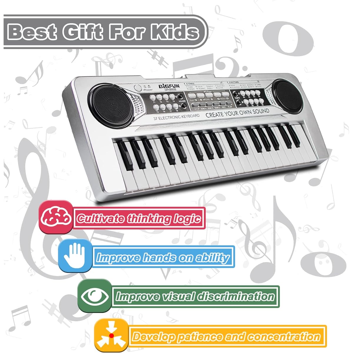 EOOLEOW Kids Piano Keyboard 37 Keys Portable Digital Piano with Microphone Music Keyboard Piano Toy for 3 4 5 6 7 8 9 Year Old Boys and Girls (Silver)