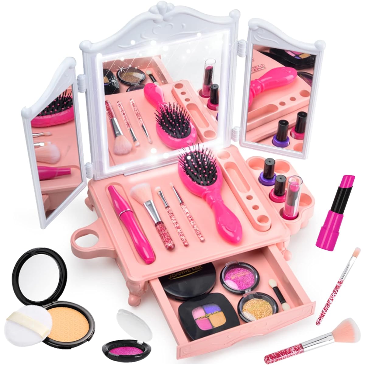 CORPER TOYS Pretend Play Makeup Toy Cosmetic Set Girls Dressing Table Toy with Three-Sided Mirror Tabletop Mini Dressing Table Mirror Toy Pretend Play Pretend Play Set Christmas Gift Ages 6 and Up