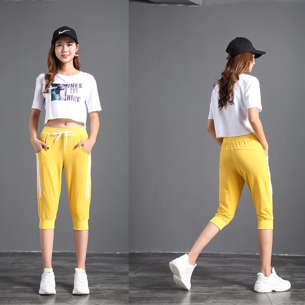 [RAKUKOU] Women's Sweatpants, 3/4 Length, Cotton, Sports, 2 Lines, Shorts, Summer, with Pockets, Casual Wear, Soft, Breathable, Stretchy, Sweat Absorbent, Yoga, Running