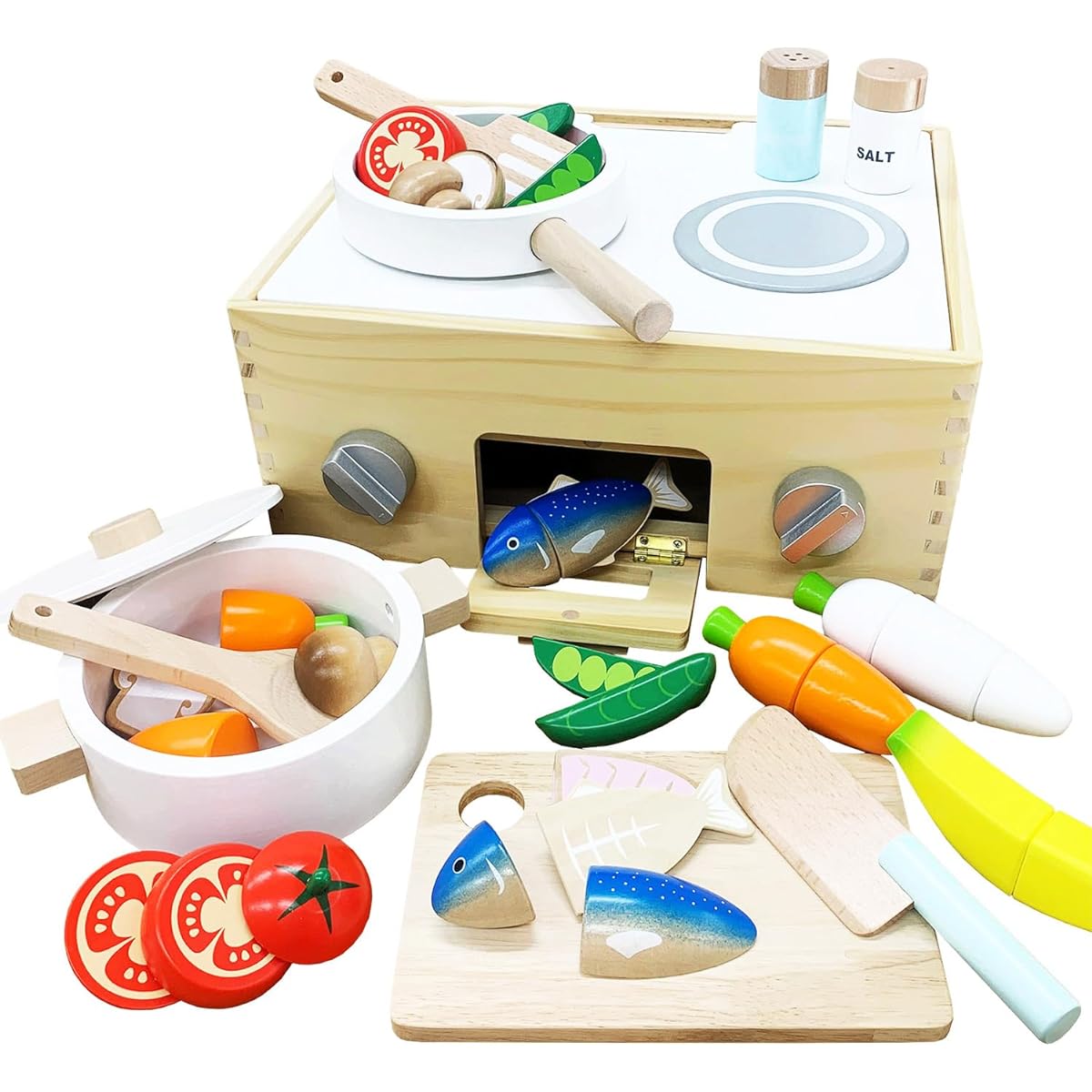 Alex Sanga Quick-Cut Pretend Cooking Box, Made of Wood, Made with Magnets, Food Sanitation Inspection Compliant, Kitchen Stove, Fish Grill, Play and Store Away (Cooking Box First Set CB1st)