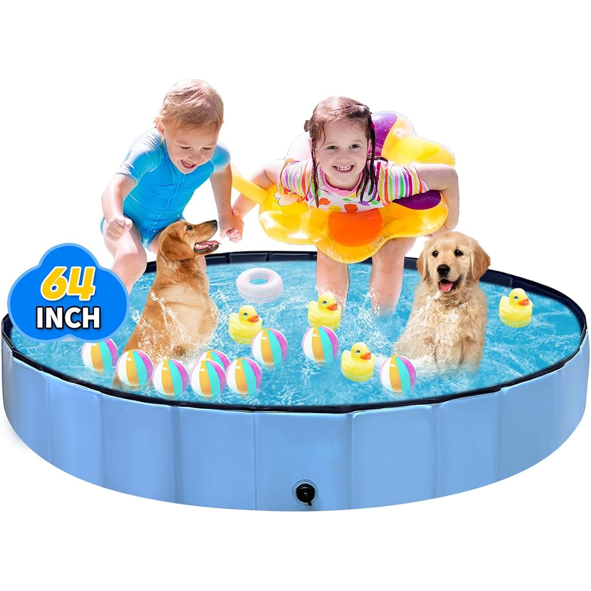 Thecvia Collapsible Dog Pool Hard Plastic Children's Pool for Toddlers 1-3 Years Old 63 Inch Blue Pet Bathing Tub Children's Swimming Pool Backyard Foldable Kids Pool Children's Pool for Dog Kitty