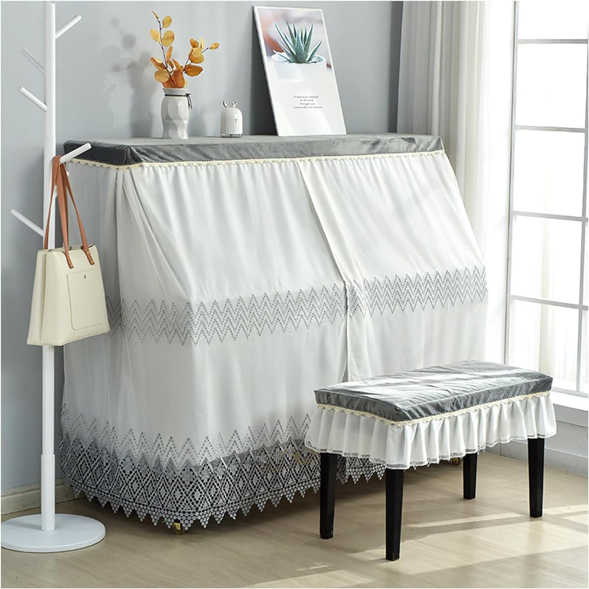 Complete piano dust cover, piano stool cover, piano protective cover, modern simplicity, lace embroidery, 360° dustproof, washable, gift for family, easy to use (Color: C)