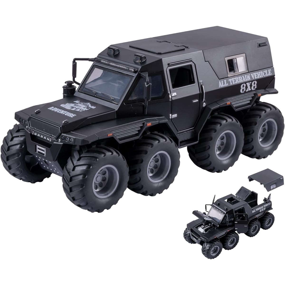 FESVASDEE Truck Toy 8x8 Off-Road Refit Model Adventure SUV Car 1/24 Scale Monster Truck Pickup Diecast Metal Model Car with Sound and Light for Ages 3+ Black
