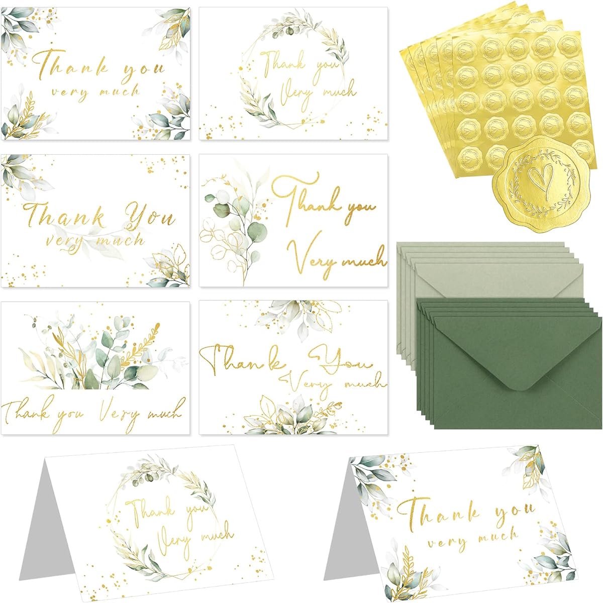 Eucalyptus Thank You Cards with Envelopes Bulk 5 x 3.5 Inch Gold Foil Greenery Thank You Cards for Baby Shower, Bridal Shower, Wedding, Birthday, Graduation, Engagement Party, 120 Count