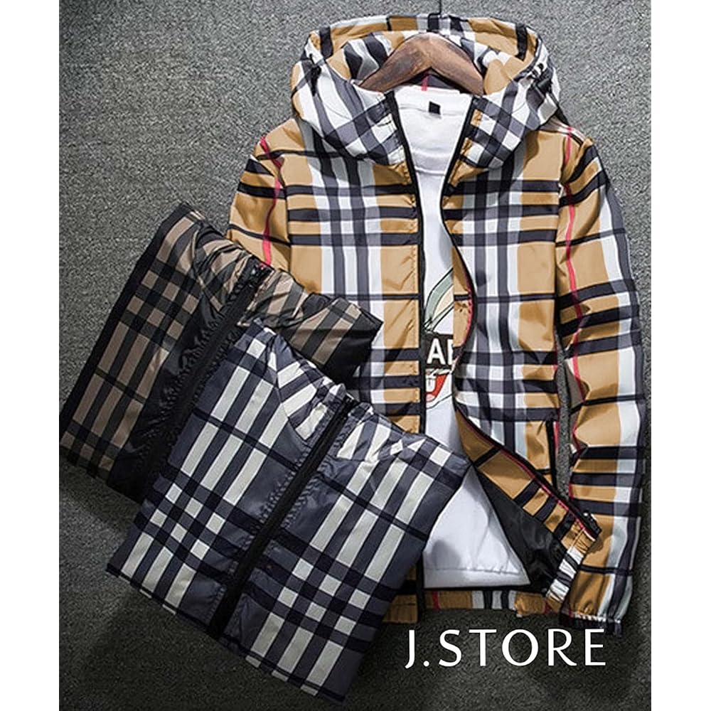 [J.STORE] Blouson Jacket Spring Autumn Winter Hooded Check Pattern Parka Outdoor Jacket Men's M~2XL