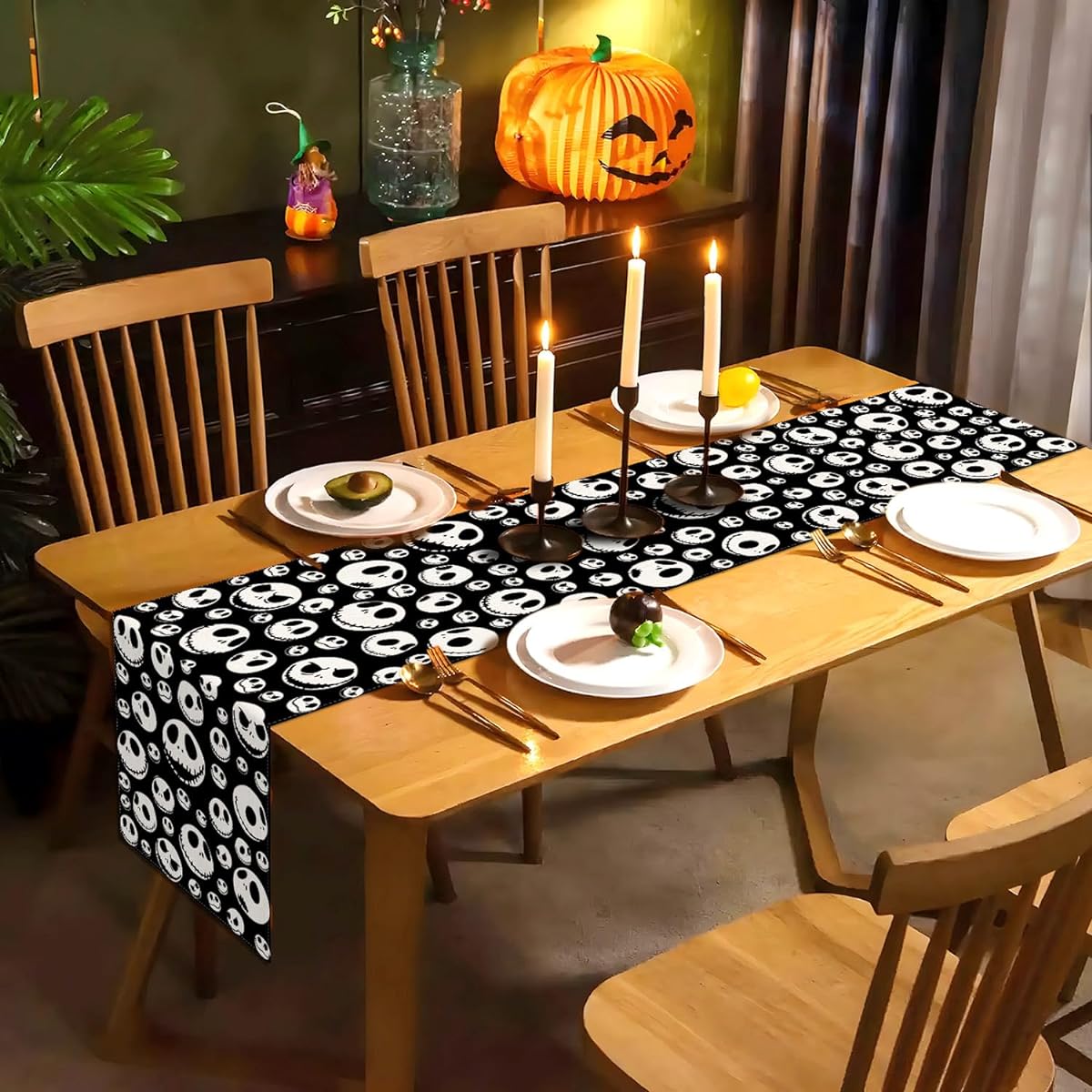 Vohado Nightmare Before Christmas Table Runner Halloween Jack Skellington Birthday Party Decoration Skull Dining Room Home Kitchen Decor (Black 13" x 72")