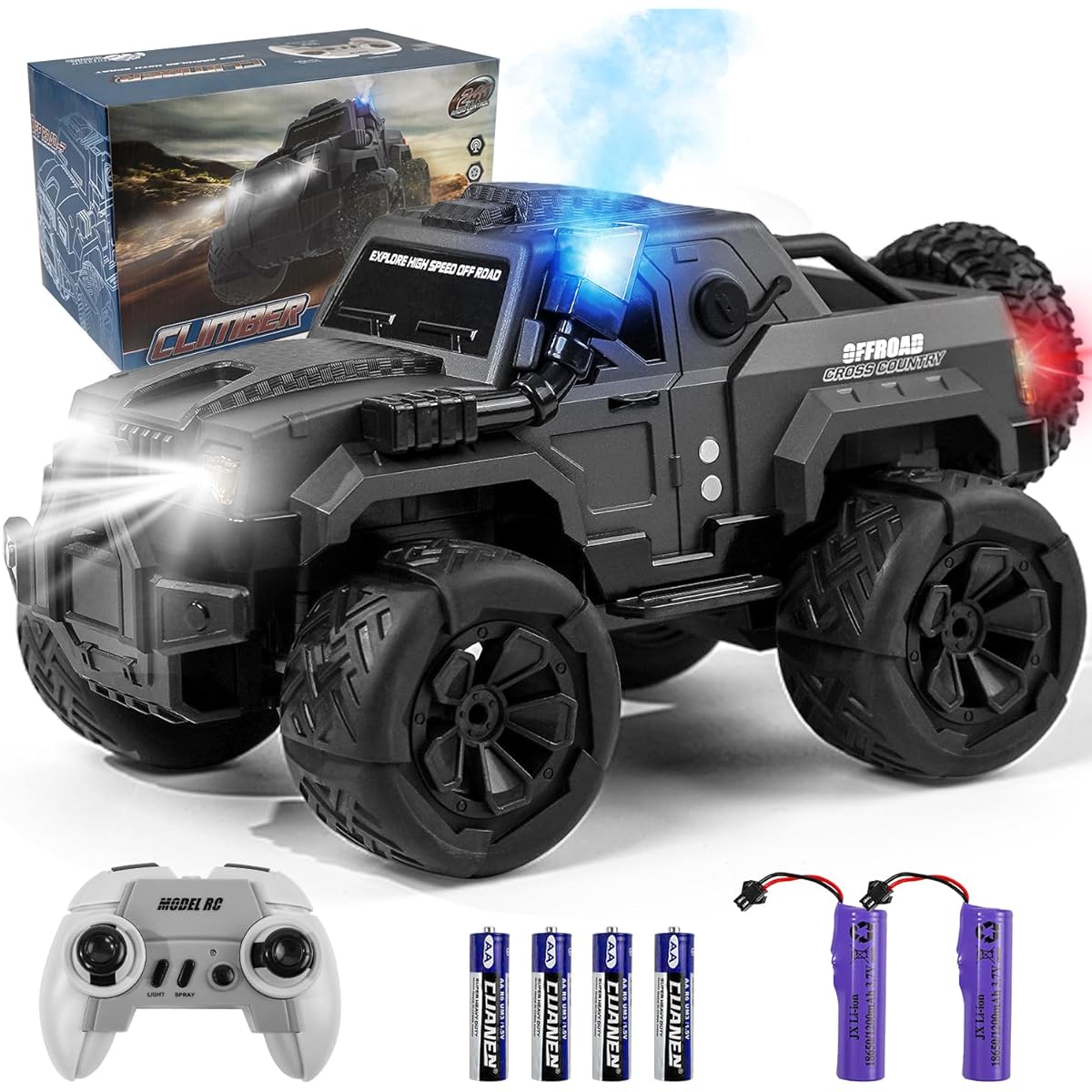 FUUY Remote Control Truck 1:14 RC Car with Spray/Snorkel/LED Light 60 Minutes Play 10KM/H 2.4GHz Remote Control Car All Terrain Off-Road SUV Car Toy Gift for Boys 8-12 Years Old