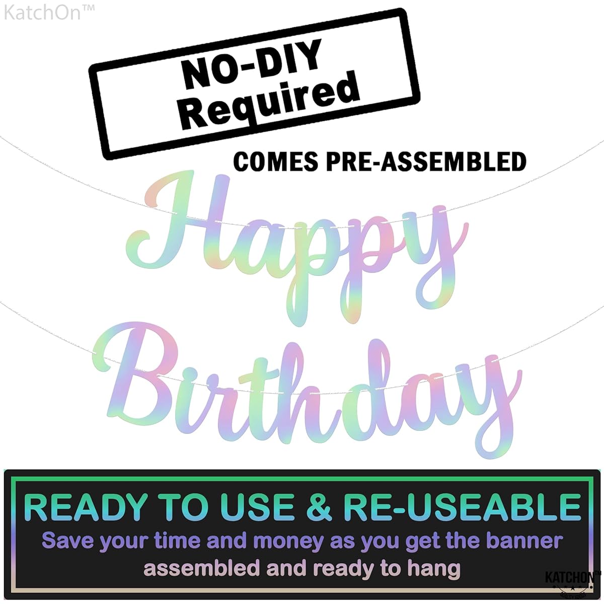 KatchOn Pre-strung Happy Birthday Banner - 10ft Holographic Birthday Banner | Rainbow Party Decorations | Rainbow Happy Birthday Banner | Happy Birthday Decorations