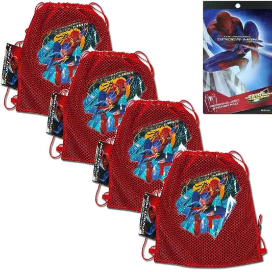 5-Piece Marvels The Amazing Spider-Man Mesh Sling Tote Bags - 4 The Amazing Spider-man Mesh Front Sling Backpack Tote Party Favor Bags (10.5" x 12") PLUS 1 Spiderman Sticker Pad with over 270 Stickers (4 Sheets) for Kids by TopValueSupplies [並行輸入品]