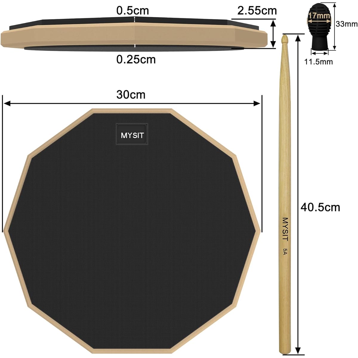 MySit 12 Inch Drum Practice Pad and Sticks Set with 2 Silicone Drumstick Mute Tips (Black) Double Sided Silent Snare Drum Pad with 5 Drum Sticks & Storage Bag for Real Feel Practice