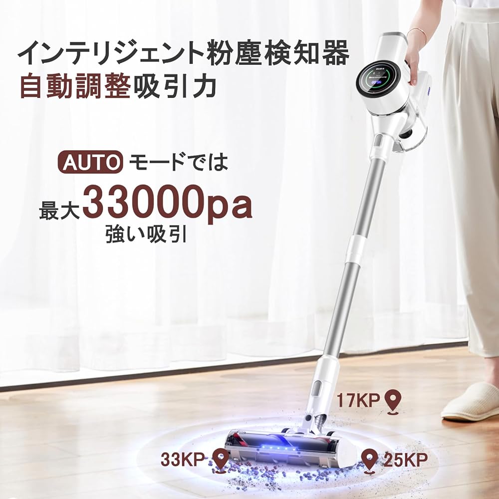 SMARTAI Cordless Vacuum Cleaner 33Kpa Strong Suction 2 LCD Touch Displays Dust Detector and Automatic Adjustment Suction Stick Vacuum Cleaner Lightweight Free Standing Up to 60 Minutes Continuous Operation 1.3L Large Capacity Dust Cup 6 Stage Filter Syst