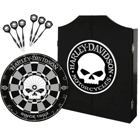 Harley Davidson Willie G Skull Logo Dartboard Cabinet Kit - Black Wood Cabinet