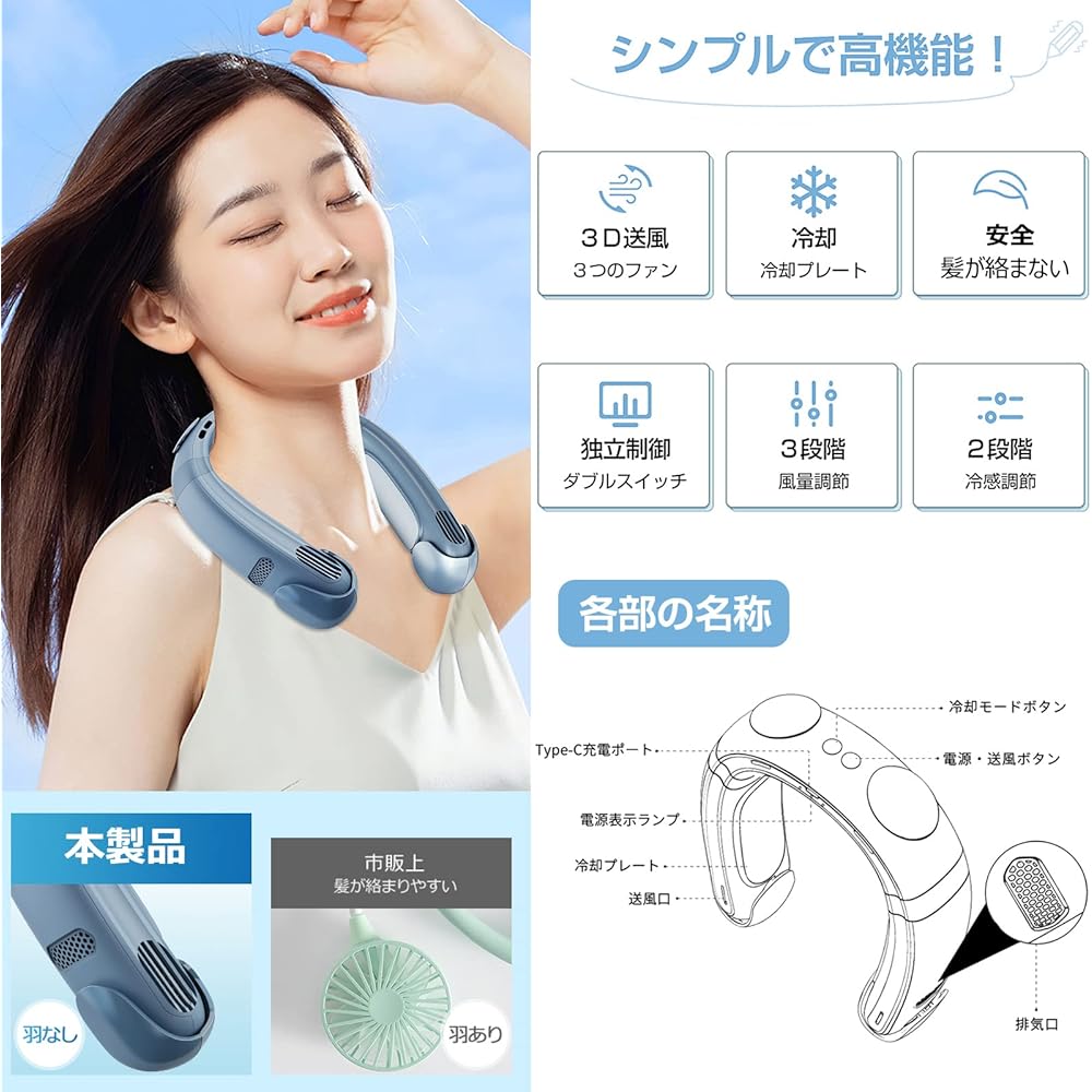"2024 Introducing 3 Cooling Plates" Neck Cooler, Instant Cool Feeling, HBITT Neck Fan, USB Type, Built-in 12000mAh Battery, 2 Levels of Cooling, 3 Levels of Air Volume, Long Operation, Suitable for Men and Women, Neck Fan, Heat Protection, Cool, Power Sa