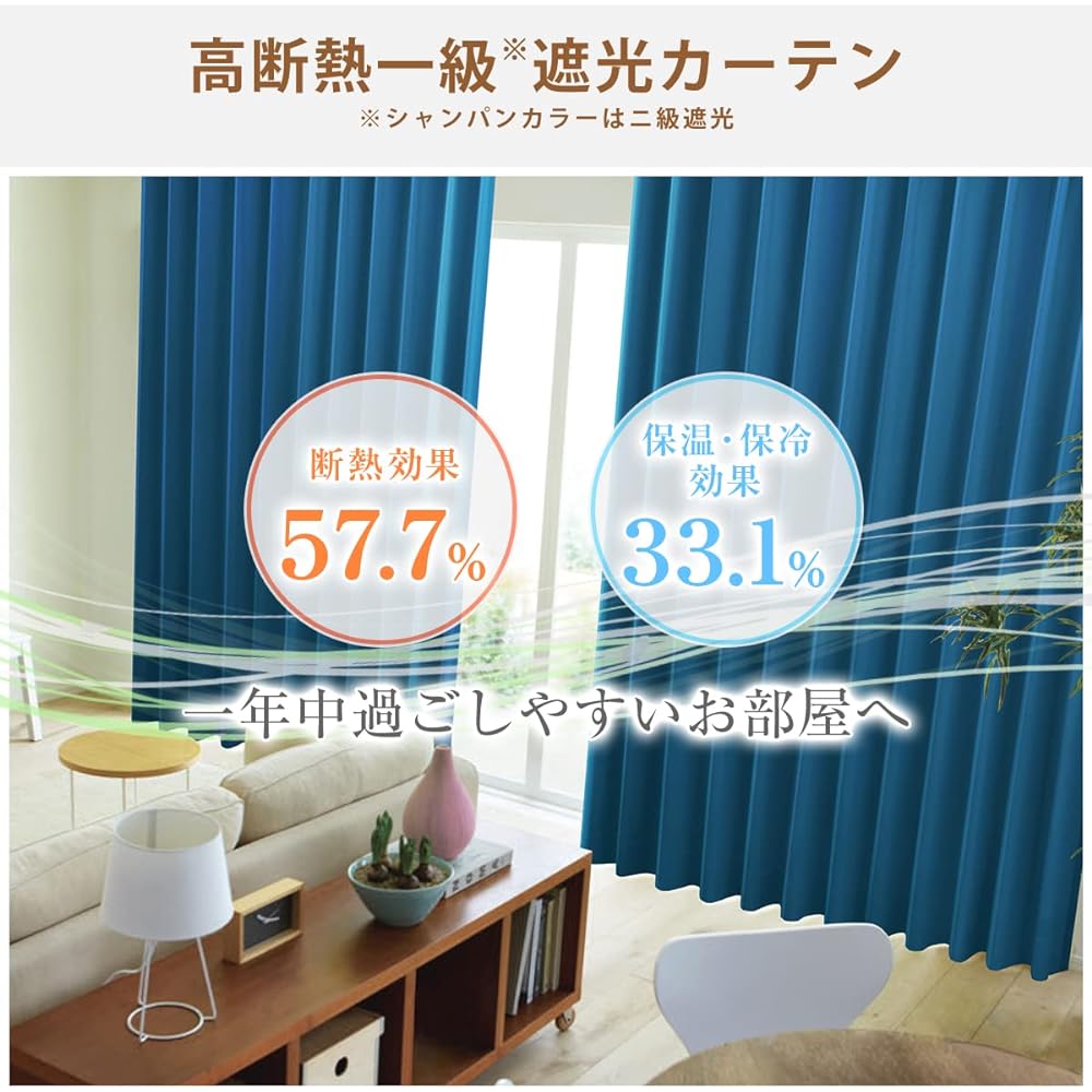 "K-wave-D-plain" for disaster prevention, made in Japan, flame retardant, with labels [40 colors x 140 sizes], set of 2 1st class blackout curtains, heat retention, cold insulation, heat insulation, deep ocean, width 100 x length 200 cm
