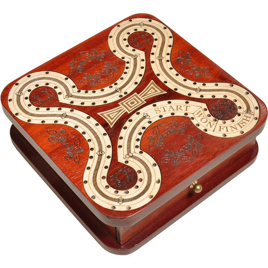 PALM ROYAL HANDICRAFTS 2 Track Wooden Cribbage Board - Cribbage for 2 Players (60 Houses) - Alphabet X Track Cribbage Board - 2 Decks of Cards and Pegs (5.5 x 5.5 Inch Small)